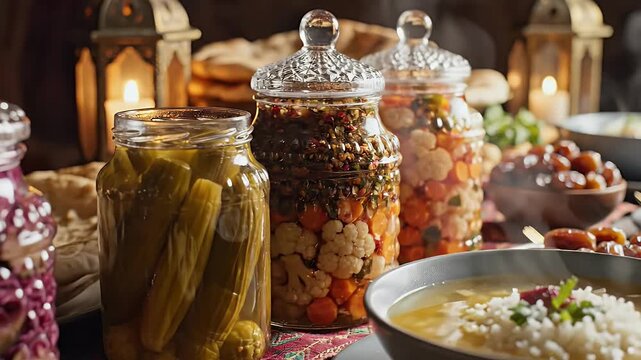 A still life of a festive food spread including jars of pickled vegetables, and a bowl of soup