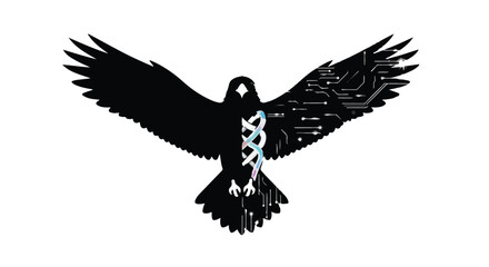 Futuristic raven silhouette merging with DNA and circuit board symbolizes bio-technology