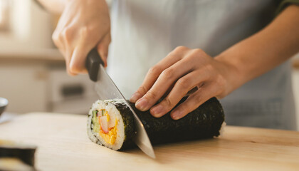 Person cuts a roll of sushi on a wooden board suitable for restaurant menus, culinary blogs, asian cuisine websites, food advertisements.