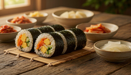 Kimbap and side dishes on wooden table, perfect for korean cuisine restaurant menu, food blog, asian cooking tutorials, cultural articles.