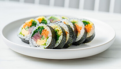 Plate of delicious kimbap, a korean seaweed rice roll ideal for food blogs, recipe books, restaurant menus, asian cuisine websites.
