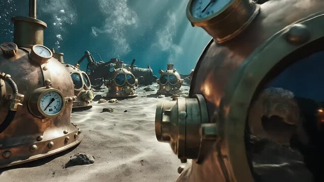Several vintage diving helmets on the ocean floor, showcasing a steampunk aesthetic underwater