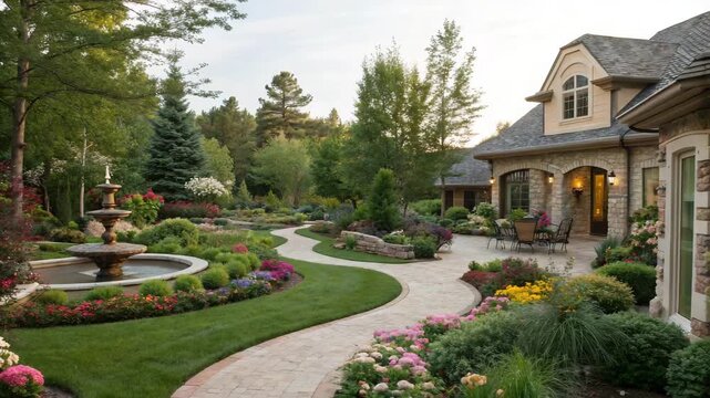 Luxury Estate Garden Path with Fountains and Manicured Landscaping, Stock Footage