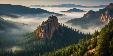 Rock pillar above foggy forest