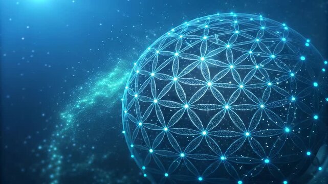 Abstract Geometric Sphere Rotating in Deep Blue Nebula with Light Particles, Stock Footage
