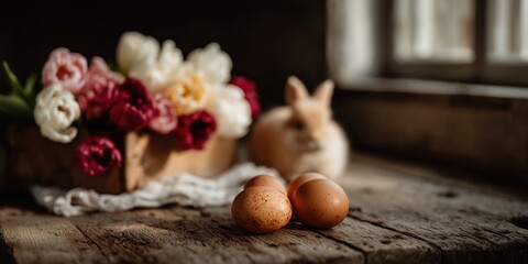 Colored Easter eggs on the table, Easter holiday, eggs and Christian holiday, background for Easter decoration, colorful Easter eggs Happy Easter for holiday greetings, Rabbit and eggs High quality