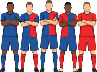Obraz premium Five Diverse Men Wearing Football Uniforms with Arms Crossed A Sports Team Representation