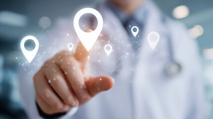 Naklejka premium Digital Hand Placing Pins on Map for AI Healthcare and Delivery Innovation 