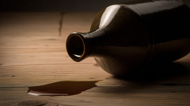 oligarchy. A traditional ceramic liquor bottle tipped over on a wooden table, liquid slowly spreading. bar promotions, beverage menus, designed for product packaging and bar promotions.
