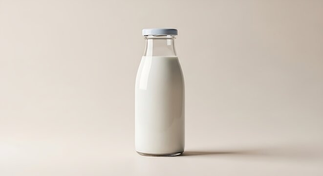 Clean white glass bottle filled with fresh milk standing against a neutral light background