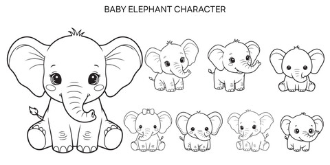Obraz premium Cute Baby Elephant Character Line Art for Kids Coloring Page