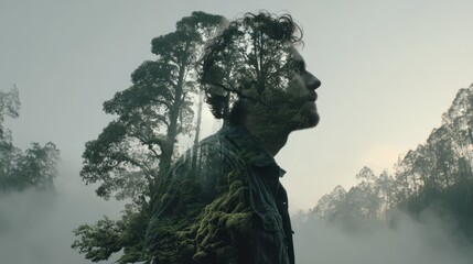 Fototapeta premium Contemplative Portrait Blend With Nature And Misty Mountains View Artistic