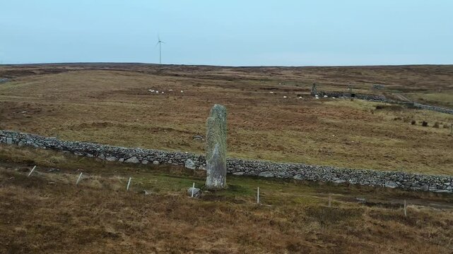 Drone shot of Clach an Trushal standing stone on the west coast of the Hebrides.