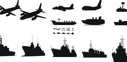 Military aircraft silhouettes, naval ship silhouettes, cargo plane, jet airliner, aircraft carrier, warship design, black vector illustrationMilitary aircraft silhouettes, naval ship silhouettes © Jonn