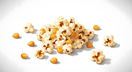 A pile of freshly popped popcorn and unpopped kernels scattered across a white surface, perfect for movie nights or snacking