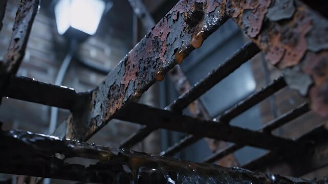 Close-up of rusted metal structure with water droplets, soft lighting, and out-of-focus background