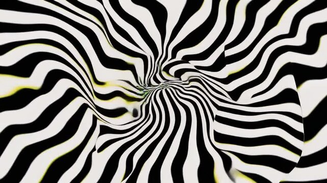 A black and white optical illusion of swirling zebra stripes creating a tunnel effect on a solid background, potentially used for psychedelic design