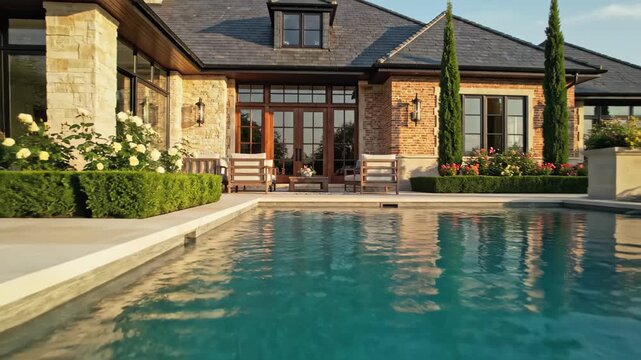 A beautiful backyard scene featuring a sparkling swimming pool and comfortable outdoor seating. Captured during golden hour with warm sunlight illuminating the luxurious property.