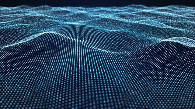 Wavy digital mesh of blue glowing points on a dark background