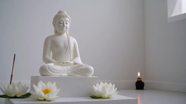 A serene Buddha statue sits in meditation on a white pedestal with lotus flowers and a candle in a peaceful room