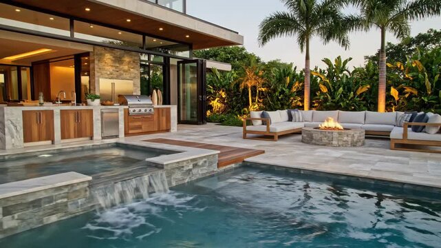 Expansive modern luxury backyard featuring a swimming pool, fire pit lounge area, and outdoor kitchen, surrounded by lush tropical foliage at twilight.