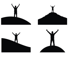 Silhouette set of man standing on mountain peak with raised hands, success and achievement concept vector. 