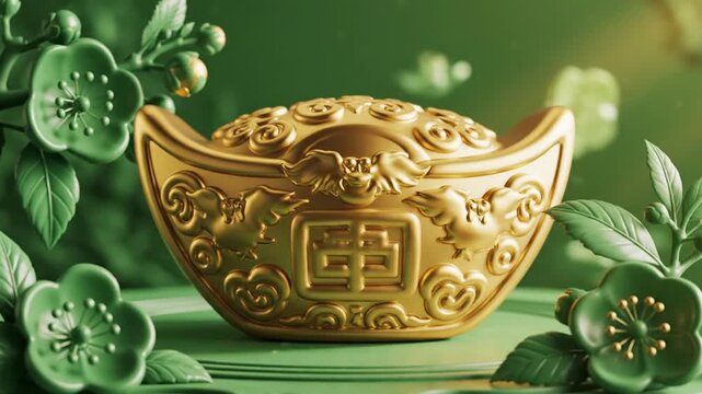 A shiny gold ring with floral engravings sits on green leaves, surrounded by blooming flowers and lush foliage in a natural setting