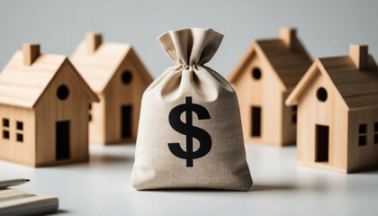 Money bag with dollar sign and wooden houses. Real estate concept.