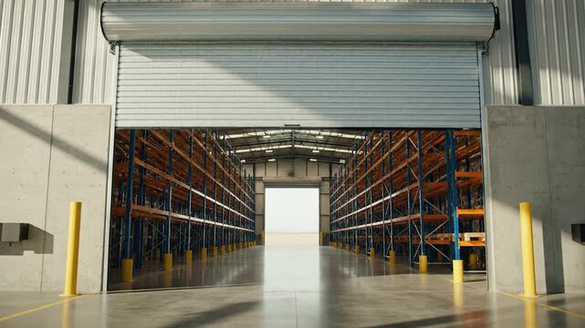 A large l rolling door slowly opens to reveal an empty modern warehouse