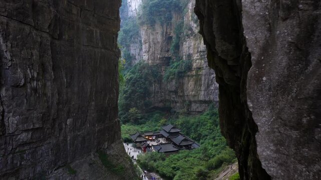 Three Natural Bridges - Tianfu Official Post In The Wulong Karst National Geology Park In Chongqing, China. - aerial shot
