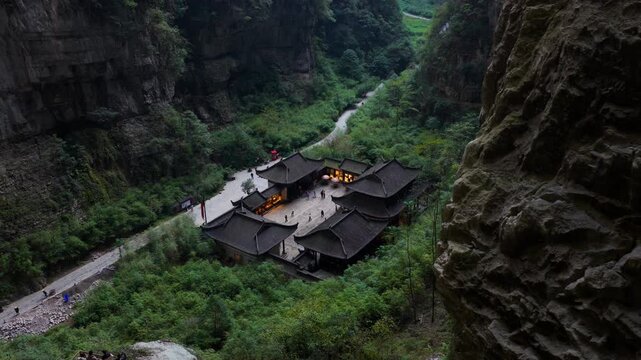 Ancient-style Temple Complex At Wulong Three Natural Bridges In China. - aerial shot
