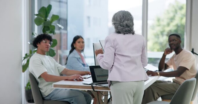 Staff, talking or manager with document in digital agency, project briefing or app prototype deadline. Testing report, system requirements or people with guidelines for programming, speaking or info