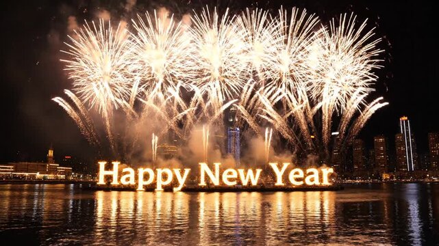 Fireworks display over water with 'Happy New Year' sign at night, celebrating with city skyline background, perfect for holiday promotions