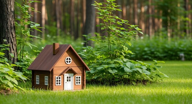A charming miniature house nestled in a lush, green forest setting.