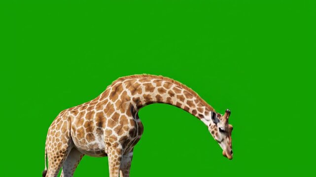 A giraffe with a green screen background, standing and bending its long neck downwards, showcasing its distinctive brown spots.