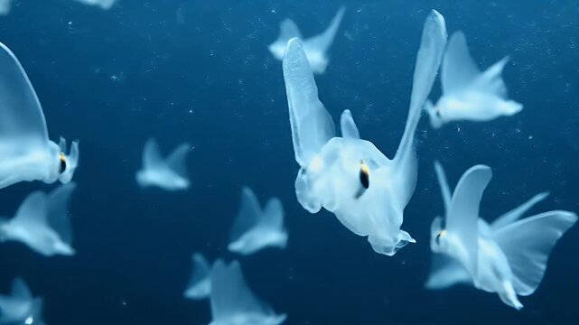 A cluster of ethereal, translucent creatures with wings swim in deep blue, watery environment