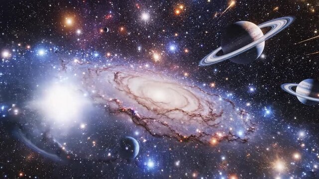 A breathtaking view of a spiral galaxy surrounded by ringed planets, countless stars, and colorful nebulae in the vast expanse of deep space.
