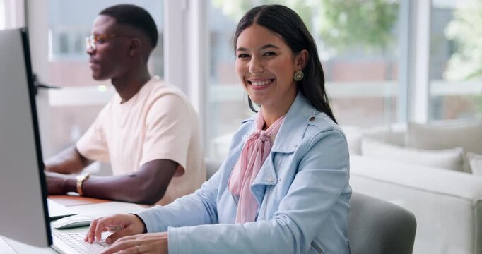 Computer, face and smile of designer woman in coworking office for research or web development. Creative, engineering and typing with happy employee at desk in artistic workplace for digital design