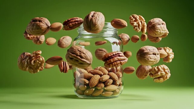 A clear glass jar filled with almonds and surrounded by various nuts floating against a green background