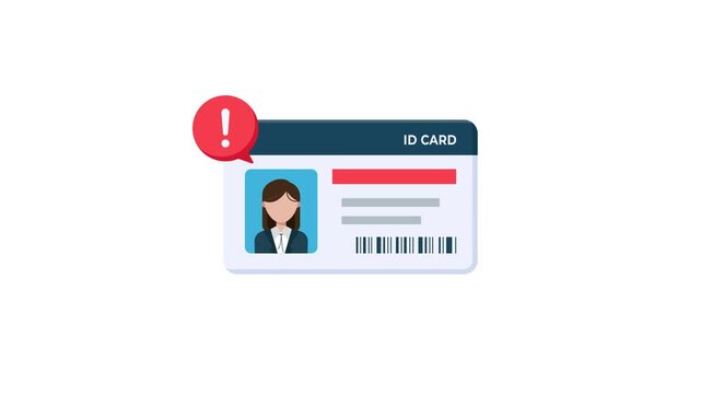 4K animation of ID card with a photo of the user, with a red exclamation mark indicating a warning or security issue, suitable for identity verification topics.