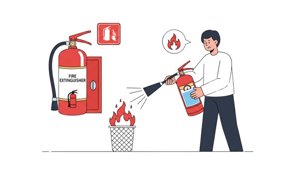 A man using a fire extinguisher to put out a trash can fire