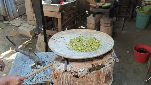Adding wood ash to green guaje seeds before roasting to preserve their vibrant color.