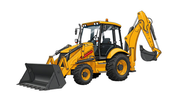 A yellow backhoe loader with a black bucket and wheels on a white background