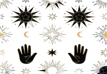 Fototapeta premium Mystical celestial symbols vector set with sun moon stars and hands illustrations for boho spiritual decorative design
