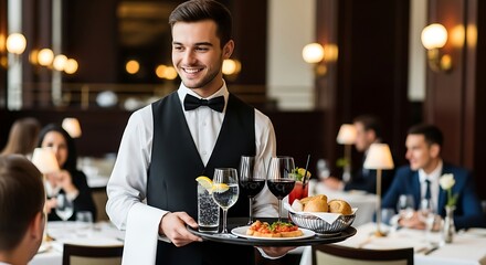 Obraz premium A waiter in a tuxedo serving a dish at a fine dining restaurant