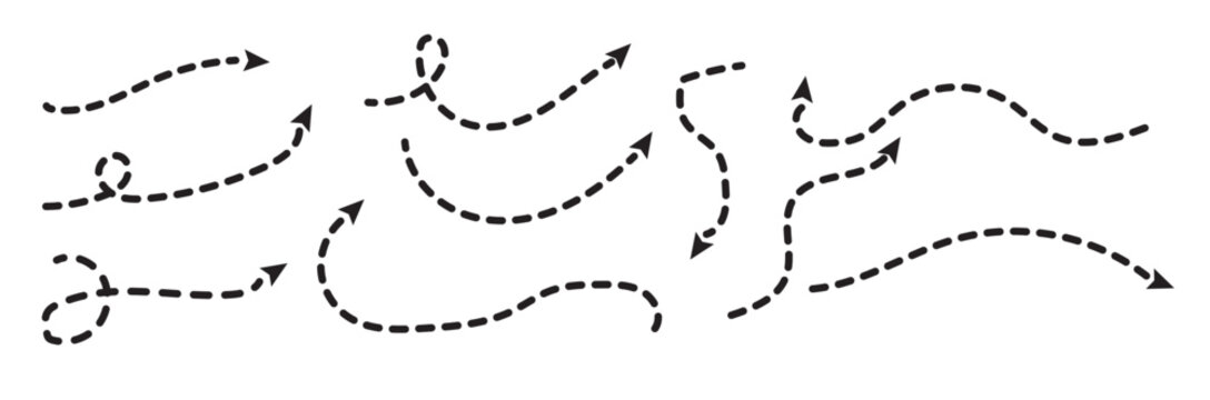 Hand drawn arrow vector set with dotted lines and curves for infogr .Curved dotted arrow. curved hand drawn arrows. Sketch dashed arrows design. signpost showing a confusing complex path. 