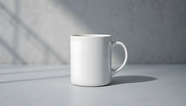 A plain white mug with a handle sitting on a light grey surface. canecas 
