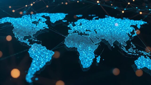 An abstract digital representation of the world map in glowing blue dots connected by orange lights against a dark background with bokeh effects. Features a global network concept.