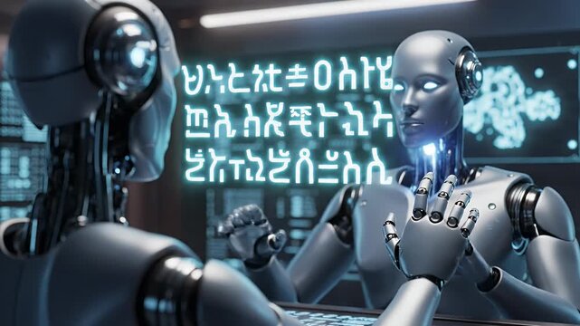 Two robotic figures conversing, with a glowing display of characters and a futuristic aesthetic