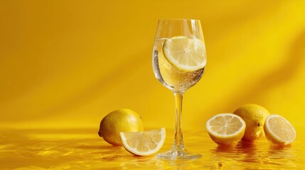 Lemon Water in Wine Glass With Citrus on Wet Yellow Surface, Sparkling Lemon Beverage With Fresh Cut Lemons on Yellow Background, Lemon Infused Water With Whole and Halved Citrus Fruit